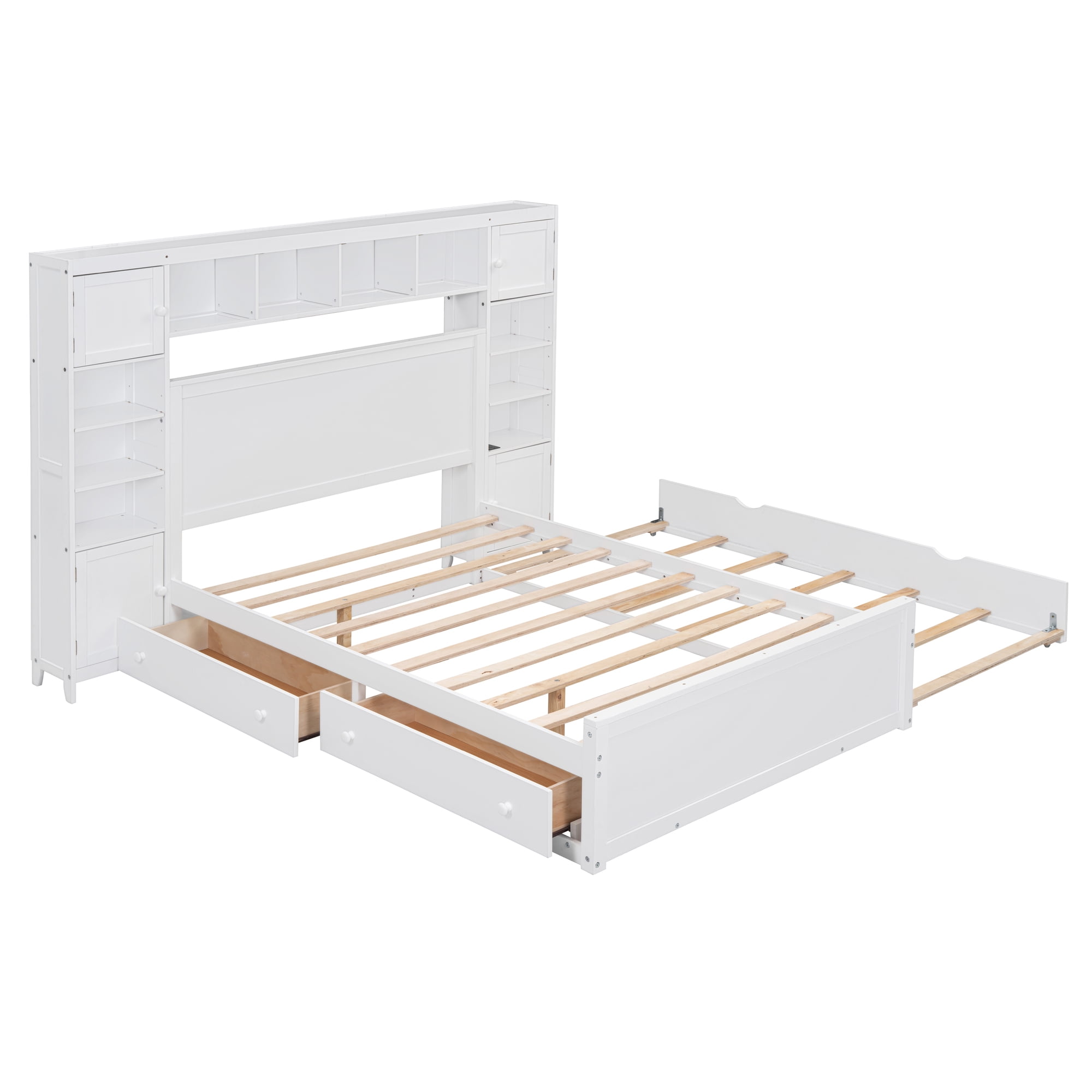 Aukfa Full Size Bed Frame with All-in-One Cabinet and Shelves, Wooden Functional Bed with Trundle and Storage Drawers, USB Ports Outlets, White