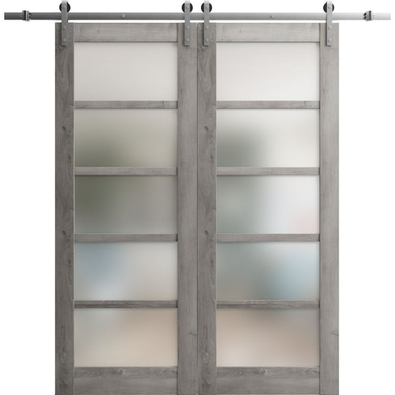 Sturdy Double Barn Door 56 x 80 inches | Quadro 4002 Nebraska Grey with Frosted Glass | 13FT Rail Hangers Heavy Set | Solid Panel Interior Doors