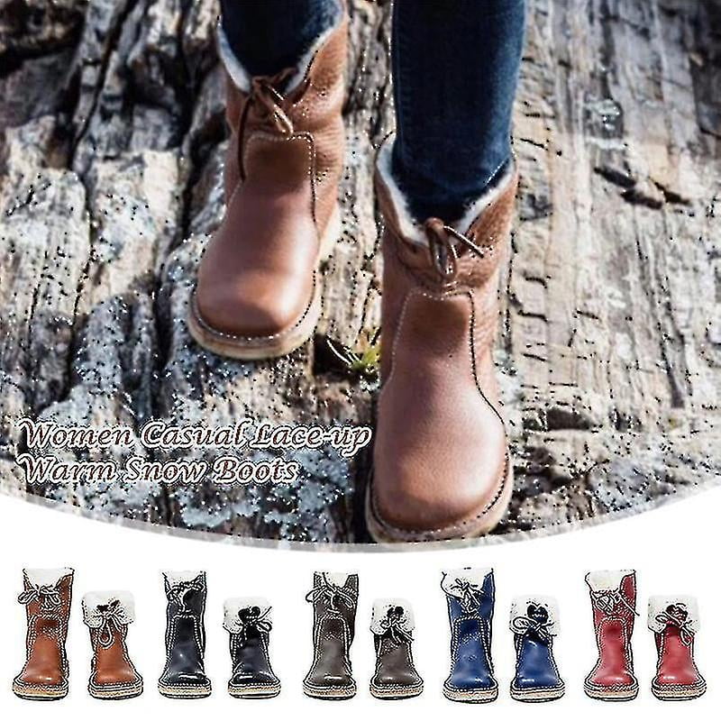 Women Casual Lace up Warm Snow Boots Pu Leather Fleece Lined Low Heel Women Winter Shoes