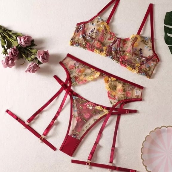 Red Lingerie Set Floral Embroidery