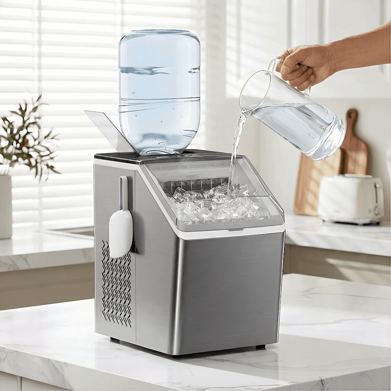 Stainless Steel Countertop Ice Maker, 44Lbs/Day High Efficiency, Dual Water Filling Options, One-Click Auto Self-Cleaning, Portable Ice Machine for Home, Office, Bar & Party