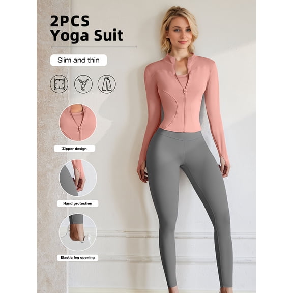Top-kevin European Code Polyester Fabric Gym Running Clothes Long Sleeve Sports Jacket Cycling and Hiking Tightening Buttocks Pants Fitness Suit