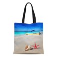 thumbnail image 1 of JSDART Sac en Toile Réutilisable Sac de Courses Bleu Sable Plage Étoile de Mer et Coquillage avec Bateau Tropical en Turquoise Rouge, 1 of 1