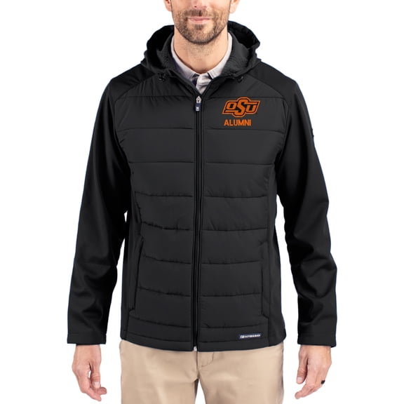 Men's Cutter & Buck Black Oklahoma State Cowboys Evoke Hybrid Eco Softshell Recycled Full Zip Hooded Jacket