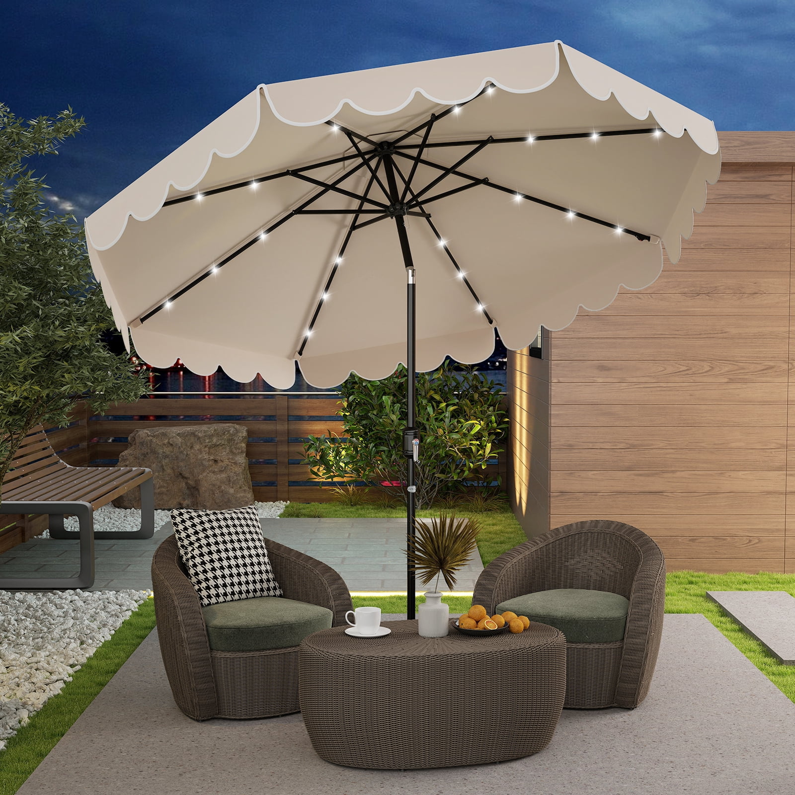 Gymax 9.3 FT Solar Patio Umbrella w/ 32 LED Lights & Vented Top & Ruffles Beige