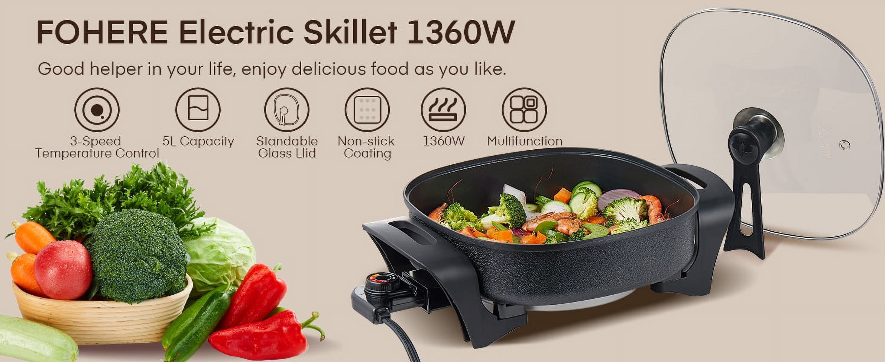 Electric Skillet, 12 Inch Deep Non Stick Electric Frying Pan with Standable Glass Lid, 3 Marked Heating Levels, Heat Resistant Handles, 1360W, Black, 6x12x2.8 inch - image 5 of 15