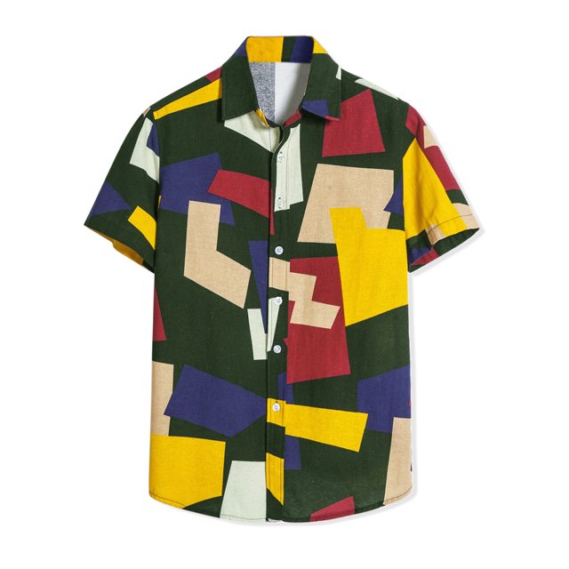 Unique Bargains Men's Irregular Geometric Short Sleeve Button Down Shirts Black Yellow S