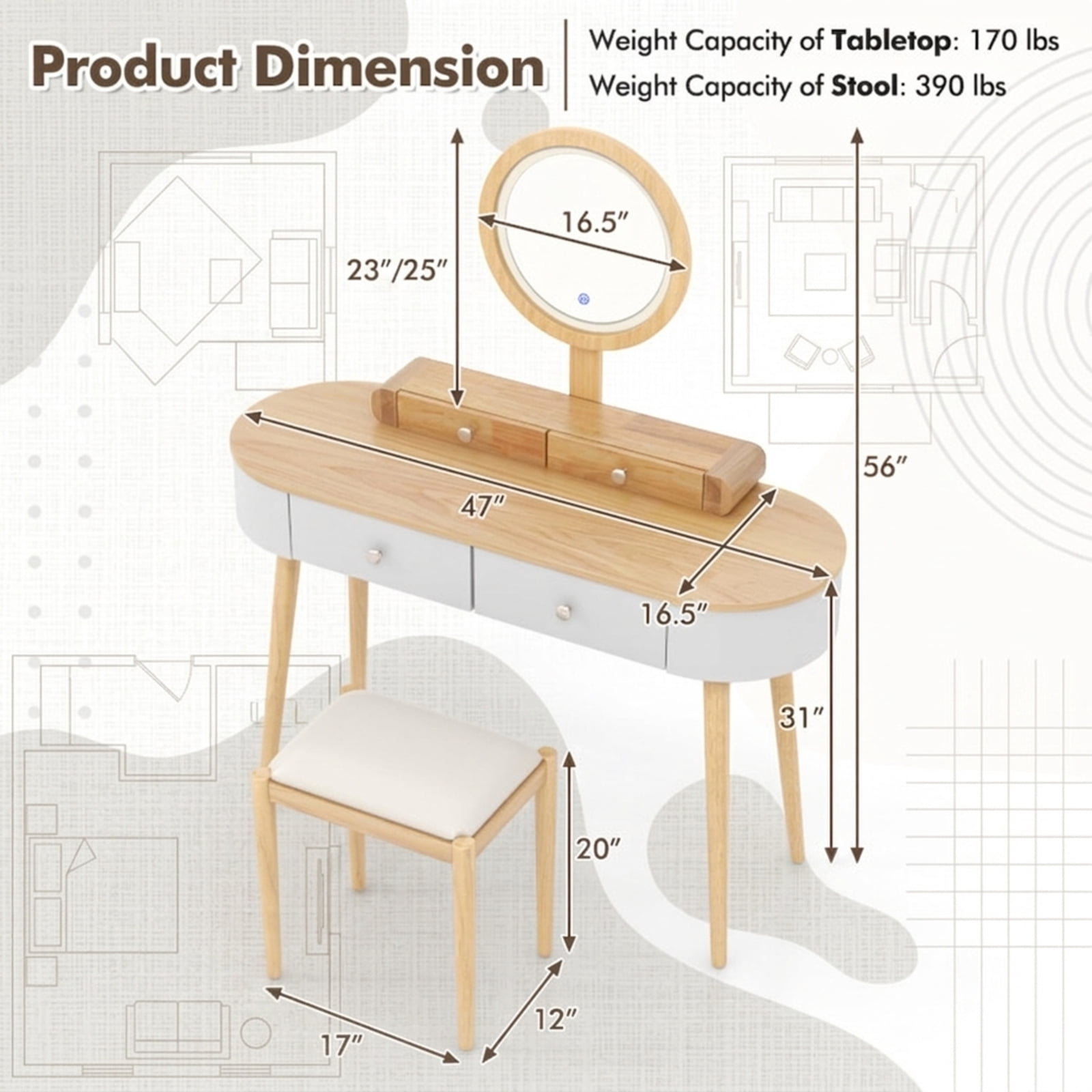 Furnibear Makeup Vanity Table Set with LED Mirror and 3 Spacious Drawers for Bedroom Makeup Dressing Room Vanity Desk Mirror Set, Natural