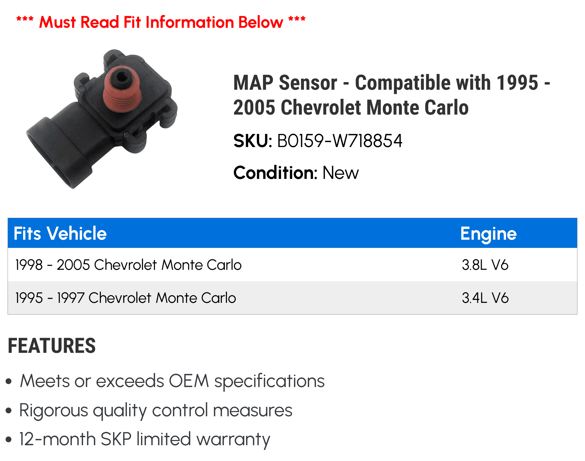 MAP Sensor - Compatible with 1995 - 2005 Chevy Monte Carlo 1996 1997 1998 1999 2000 2001 2002 2003 2004