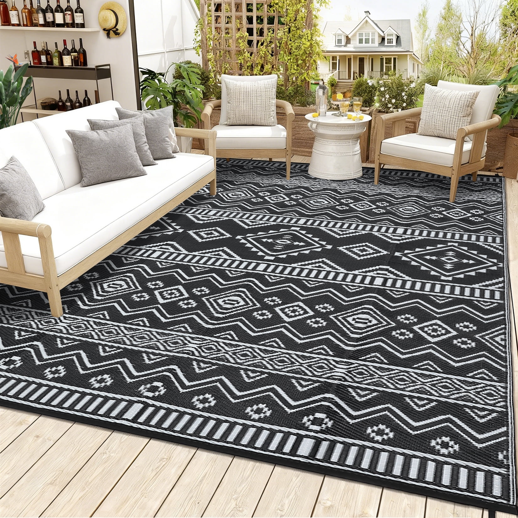 Garvee Outdoor Area Rug 9'x12' Waterproof Outdoor Carpet, Boho Plastic Straw Rug RV Mat for Picnic, Deck, Balcony, Beach, Patio, Black and White