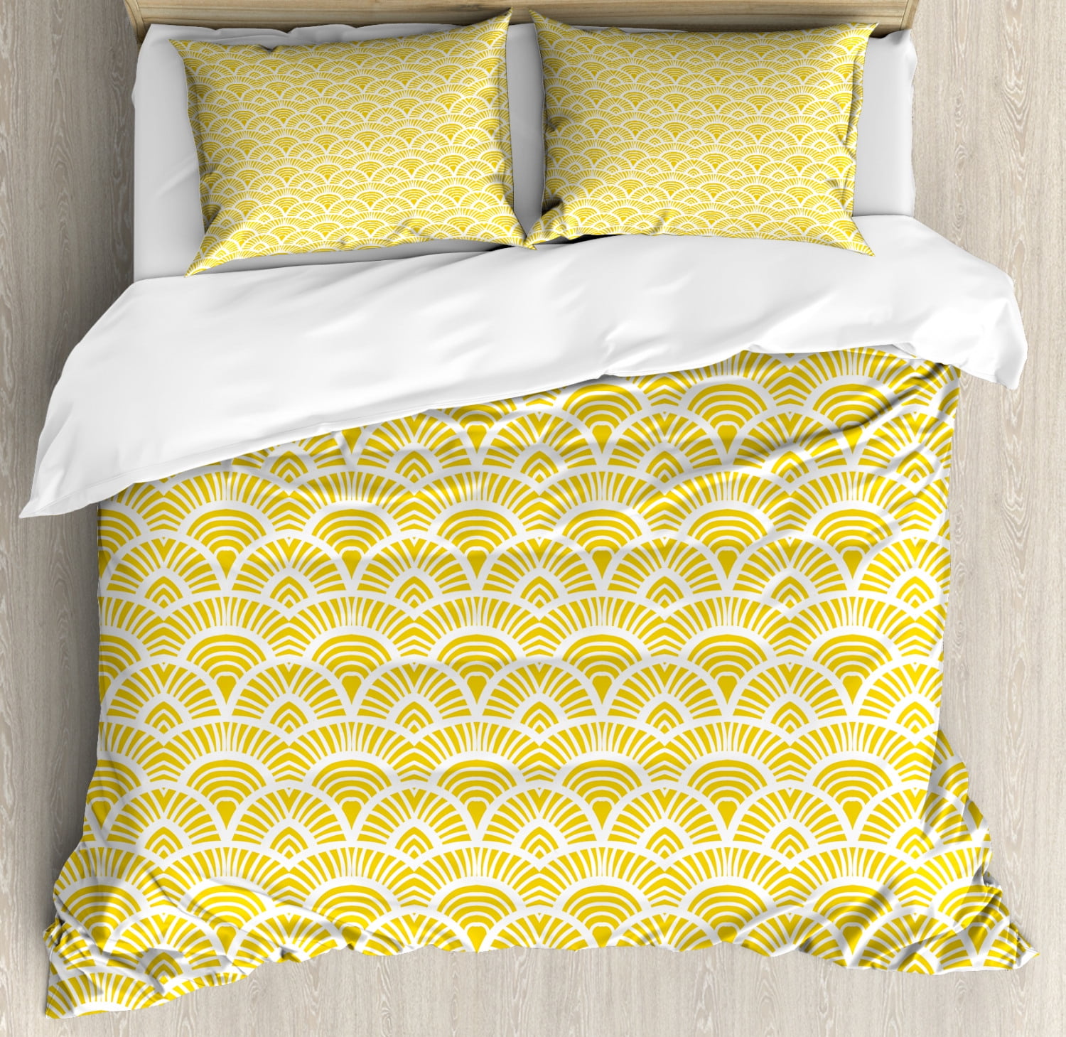 Yellow Duvet Cover Set, Ethnic Vintage Hand Drawn Style Shaded Oriental