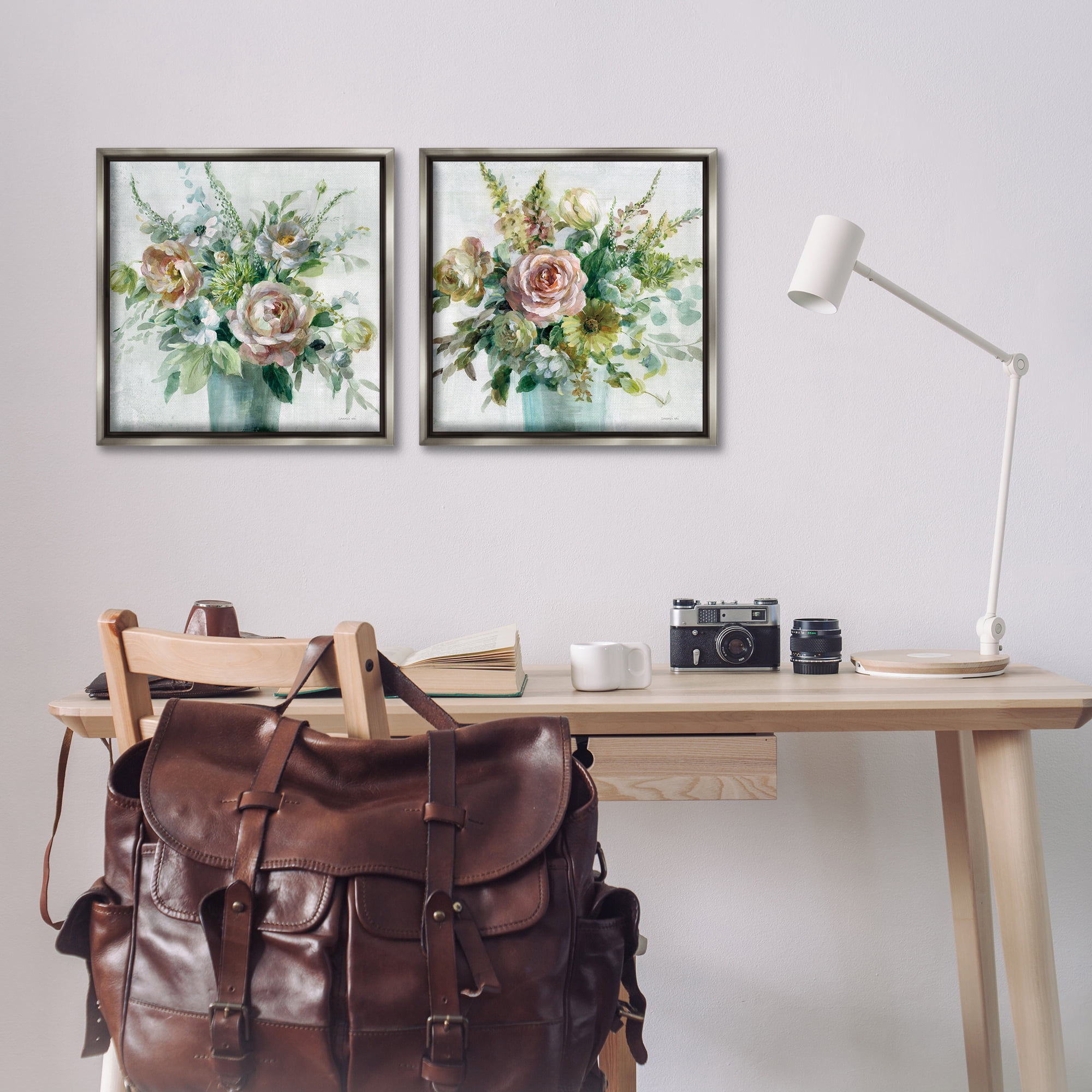 Stupell Industries Sage Peach Still Life Florals Plants & Flowers Painting Gray Floater Framed Canvas Art Print Wall Art, 18 x 18, Set of 2