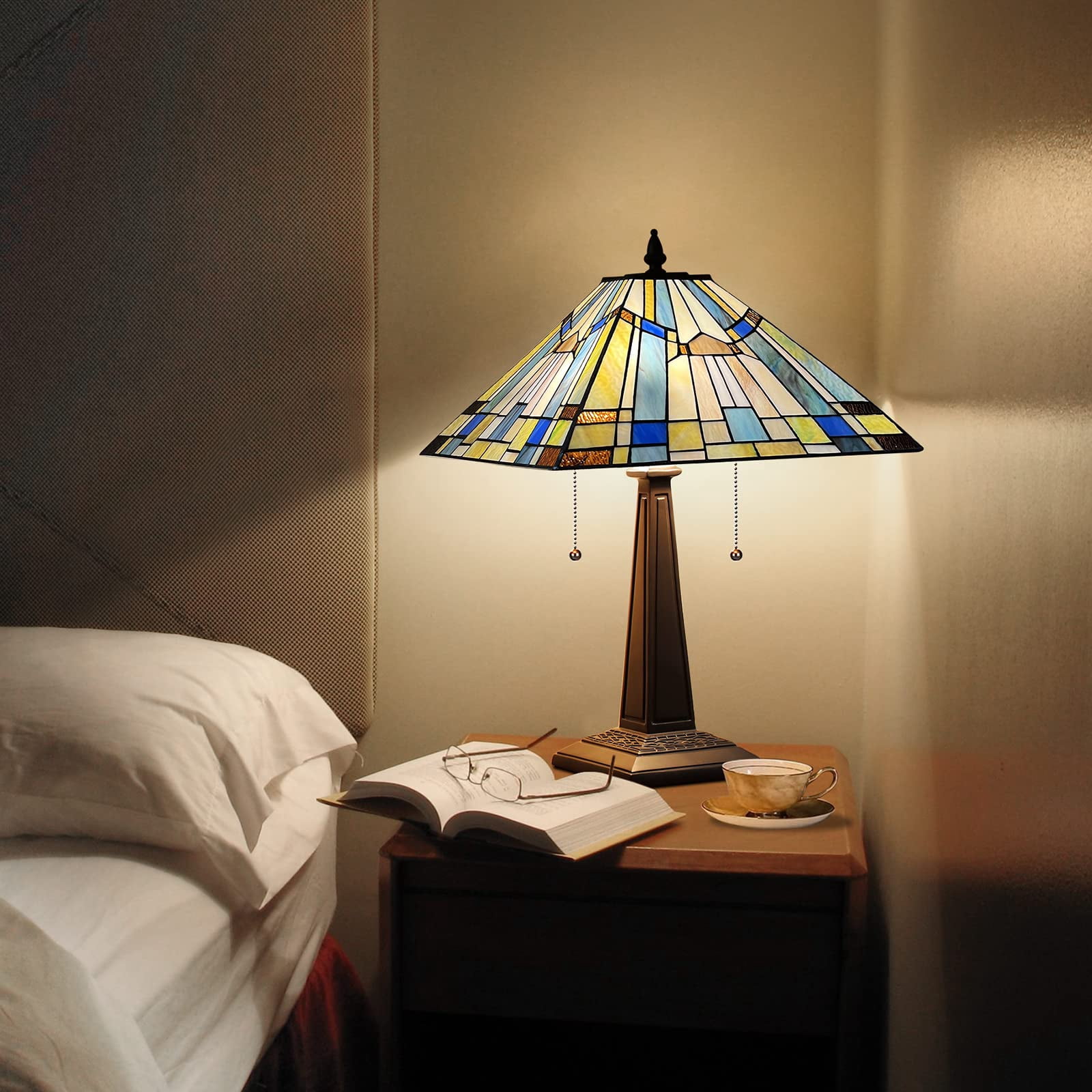 Tiffany Table Lamp 16" Wide Handmade Stained Glass Lamp Shade 2 Light Vintage Table Lamp for Living Room Bedroom