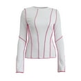 thumbnail image 2 of KelaJuan Women Fashion Wild T-Shirts Patchwork Knitted Ribbed Round Neck Flare Long Sleeve Shirts Spring Autumn Slim Fit Tops, 2 of 7