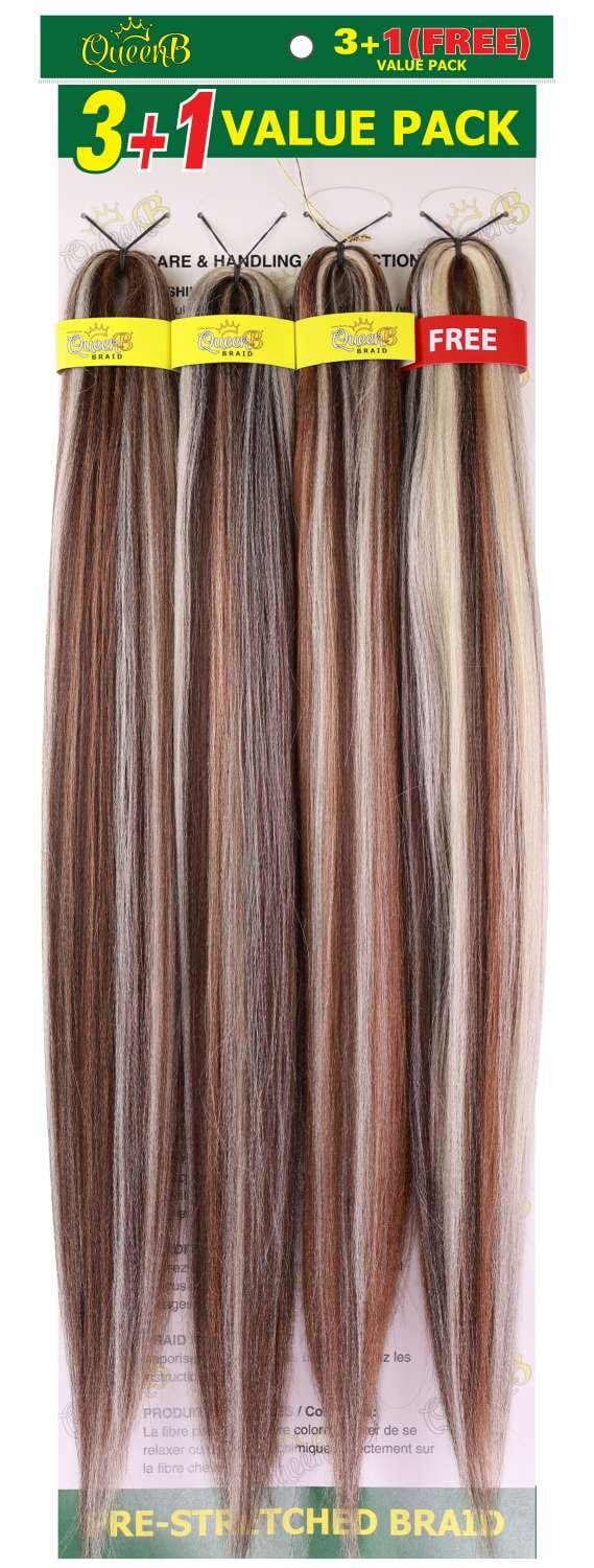 QueenB 4X Value Pack Pre-Stretched Braiding Hair 50” – Color M4/27/613