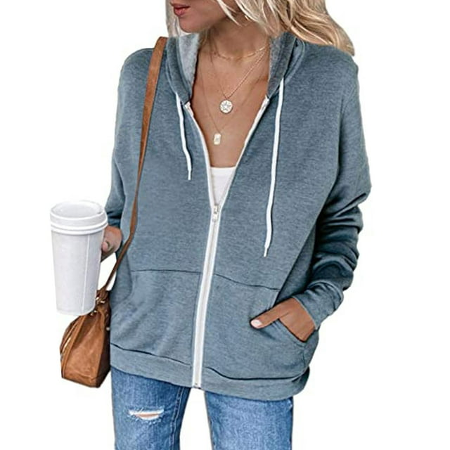 Sudadera con capucha informal para mujer, manga larga, con cremallera, bolsillo con cordón, ajuste holgado, para exteriores