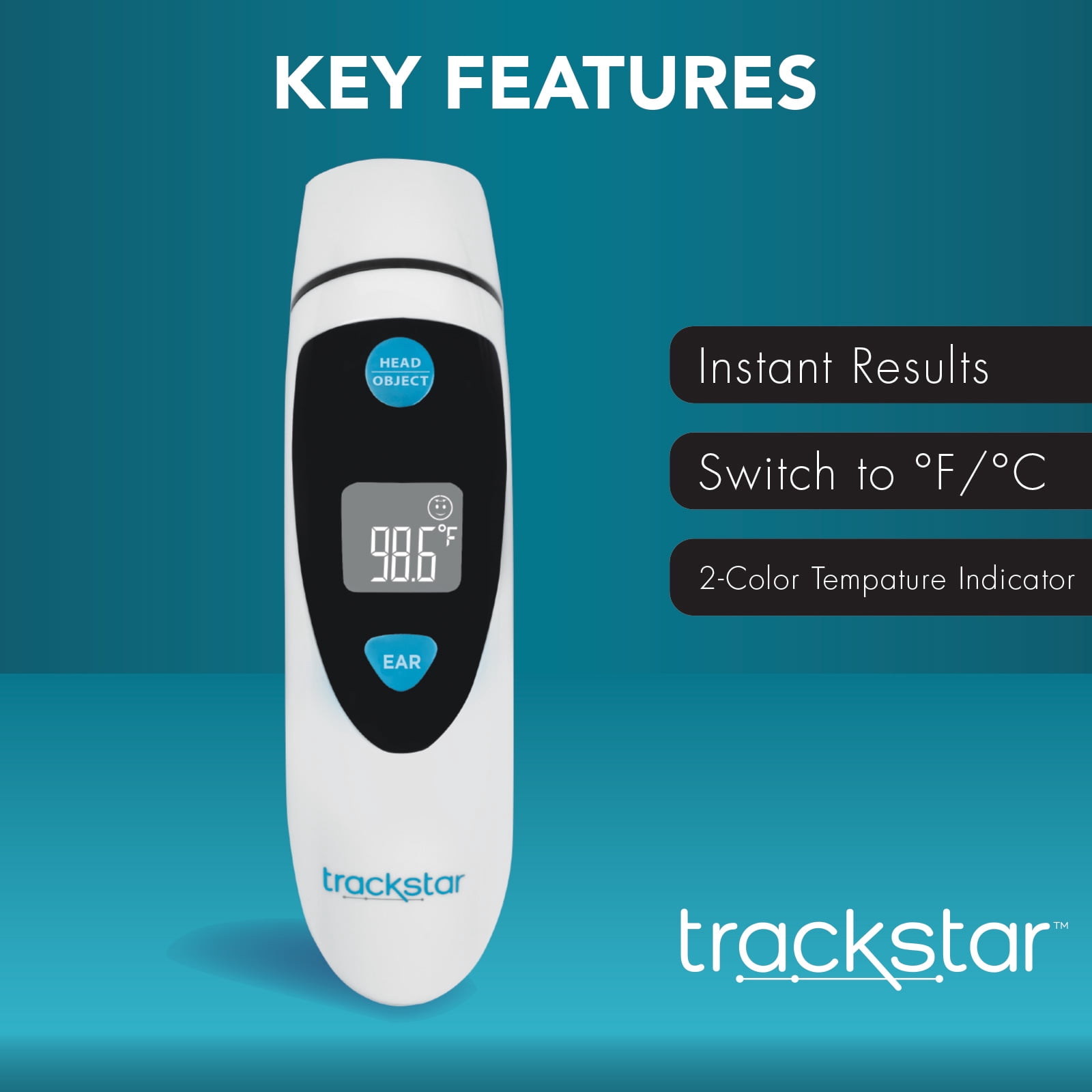 Trackstar Ear & Forehead Thermometer | Infrared Technology | Object Mode | Trackstar Monitoring App | Bluetooth iOS & Android Compatible | Measure, Track, and Share Results