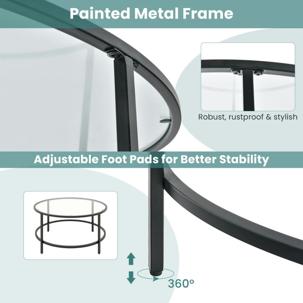 Finihen Coffee Table, Tempered Glass Coffee Table, 36 Inch Round Coffee Table with Tempered Glass Tabletop, for Living Room, Reception Room, Black Finihen Coffee Table, Tempered Glass Coffee Table, 36 Inch Round Coffee Table with Tempered Glass Tabletop, for Living Room, Reception Room, Black