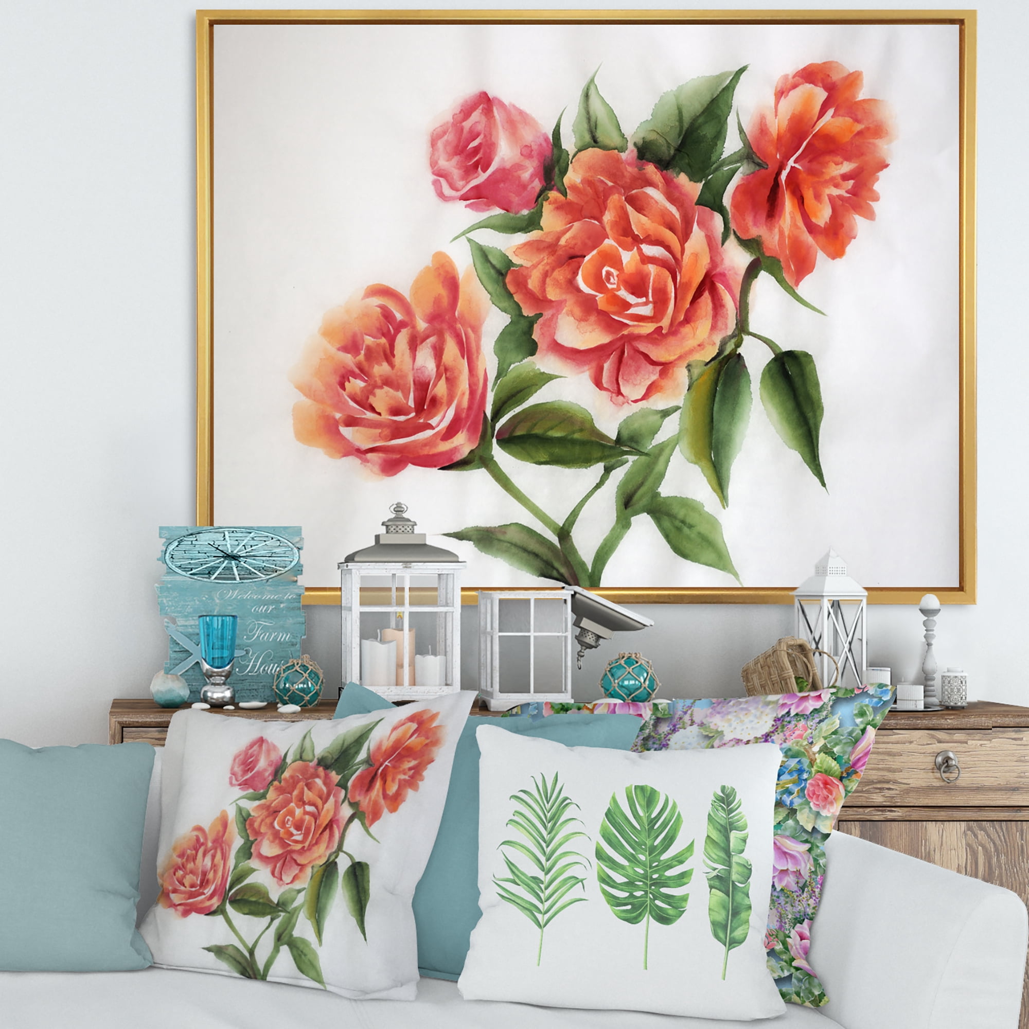 Designart 'Orange VIntage Roses With Green Leaves' Traditional Framed Canvas Wall Art Print
