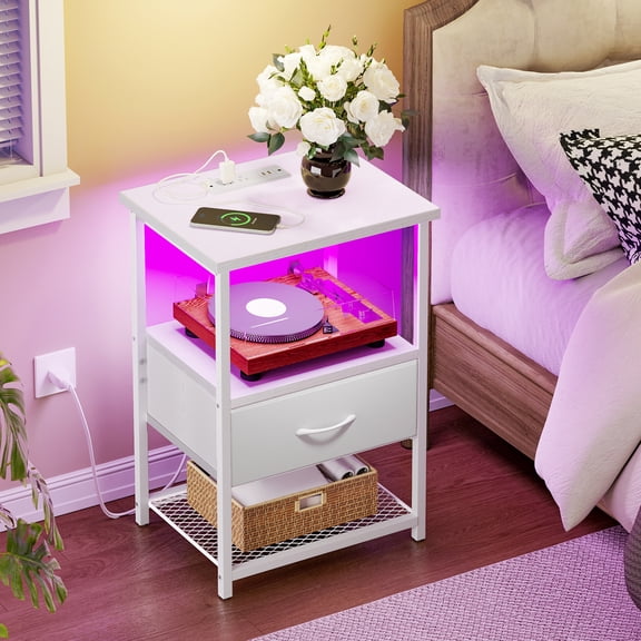Tomnk Night Stand with Charging Station, LED Nightstand with Fabric Drawers, End Table with PU Finish, Bedside Table, White