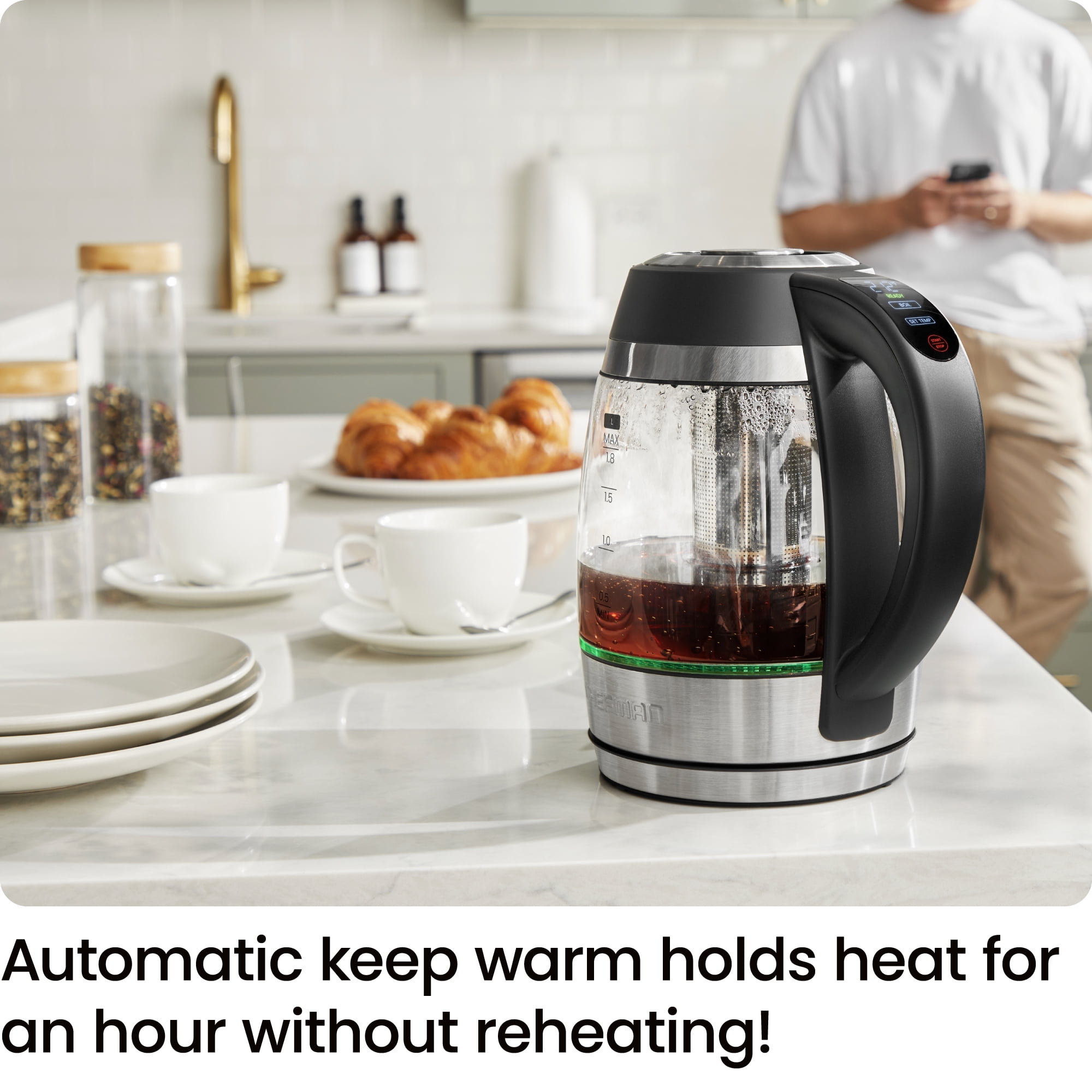 Chefman Lightning 1.8L Custom-Temp Electric Kettle, 1750W with Tea Infuser - Stainless Steel, New