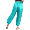 thumbnail image 2 of TiaoBug Womens Belly Dance Pants Elastic Waistband Satin Harem Pants Dancing Tribal Latern Bloomers Pants Cyan S, 2 of 7