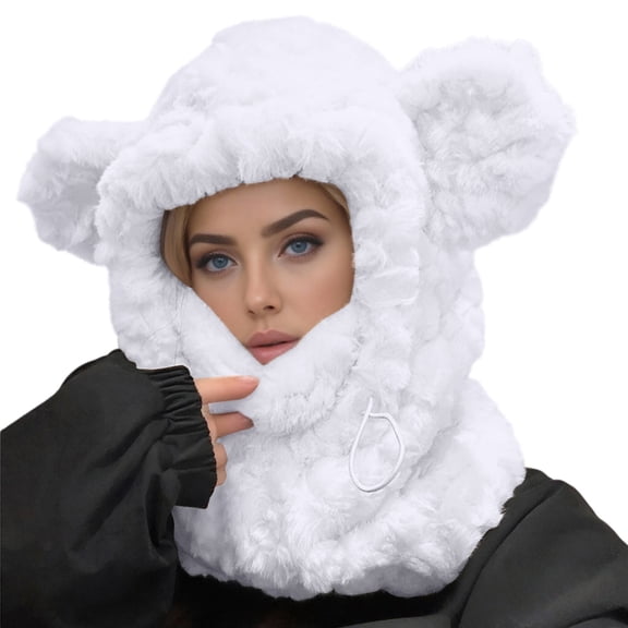 3 In 1 Beanie Hat With Scarf And Mask Cold Weather Fitness Beanies Women EarMuffs Face Masks Fun With Ear Womens Scarf White