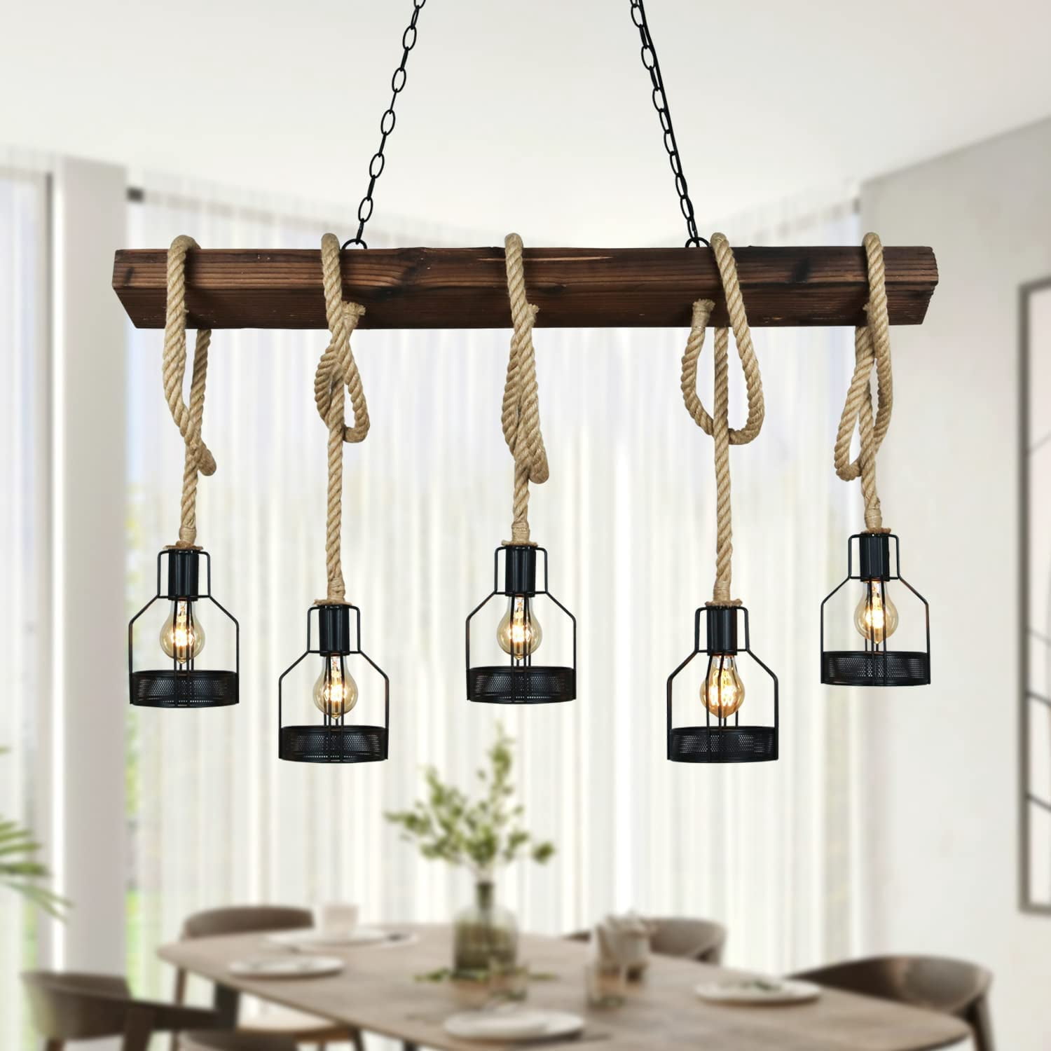 Arturesthome Pendant Lights Kitchen Island Kitchen Light Fixtures Rustic Dining Room Light Fixture with 5 E26 Bulb Sockets Black Metal and Wood Beam Chandelier Ceiling Pendant Light Fixtures