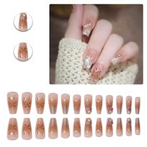 RAGUPEL 24Pcs Glue on Nails for Women,Crystal Embellished Press on Nails Coffin,3D Heart Cute Press on Nails,Stick on Nails for Women and Girls,Style3