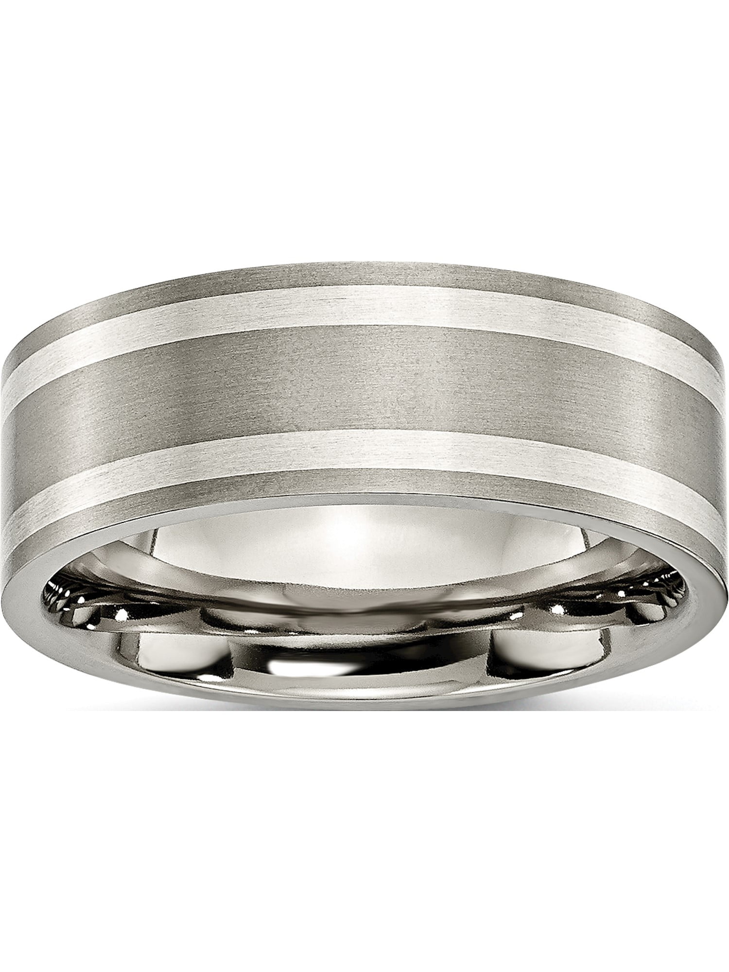 Perfect Jewelry Gift Titanium Sterling Silver Inlay Flat 8mm Brushed and Polished Band