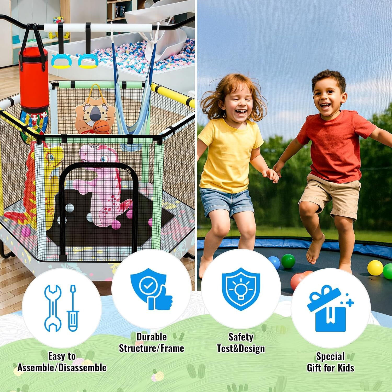 MOOSENG 7-in-1 Kids Trampoline with Safety Enclosure Net, 55" Hexagonal Indoor Outdoor Toddler Trampoline for Ages 1-8, Adjustable Handrail, Basketball Hoop, Gymnastic Rings