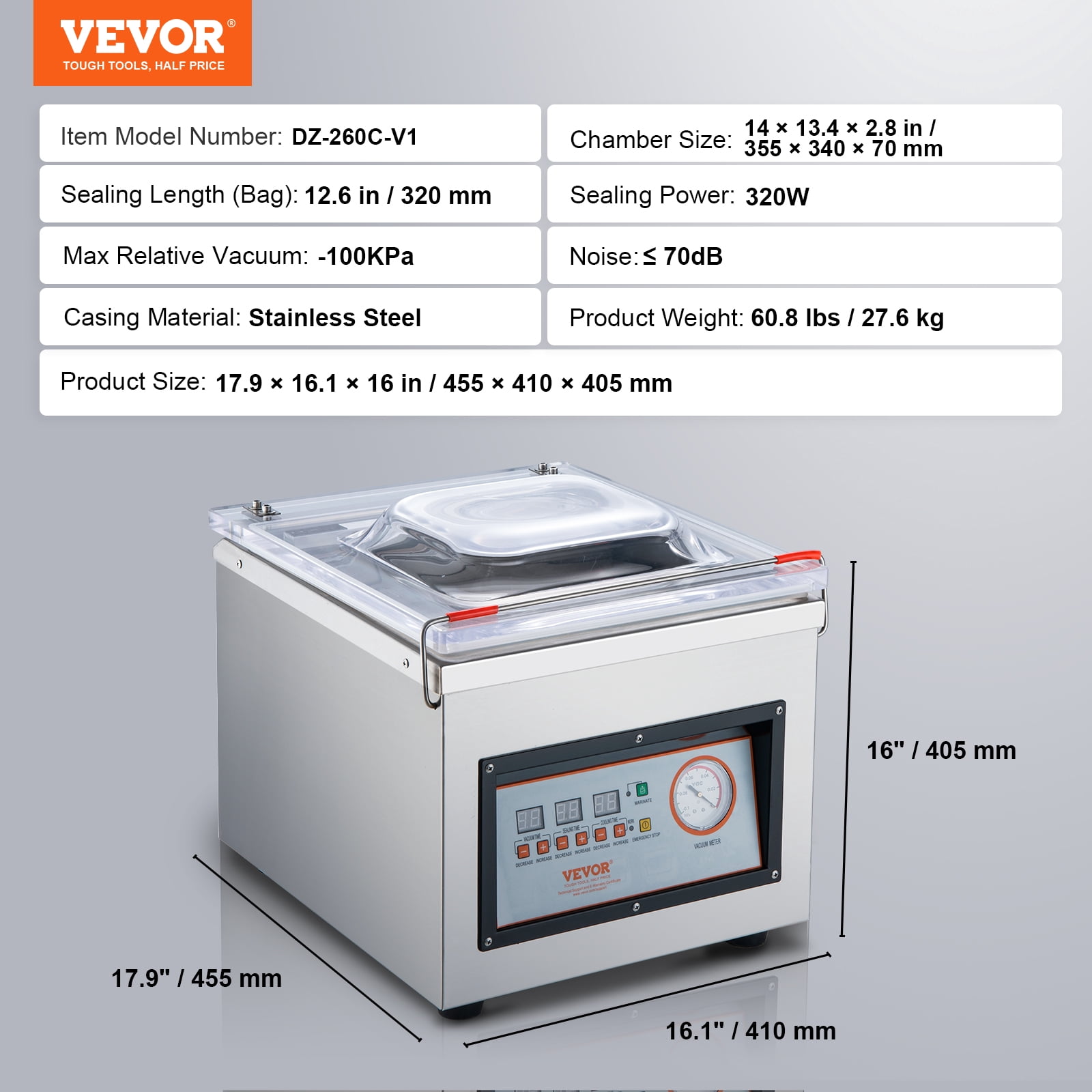 VEVOR Vacuum Sealer, 320W, Ideal for Wet Foods, Meats & Marinades, Compact Design, 12.6" Seal Bar, Suitable for Both Home & Commercial Kitchens