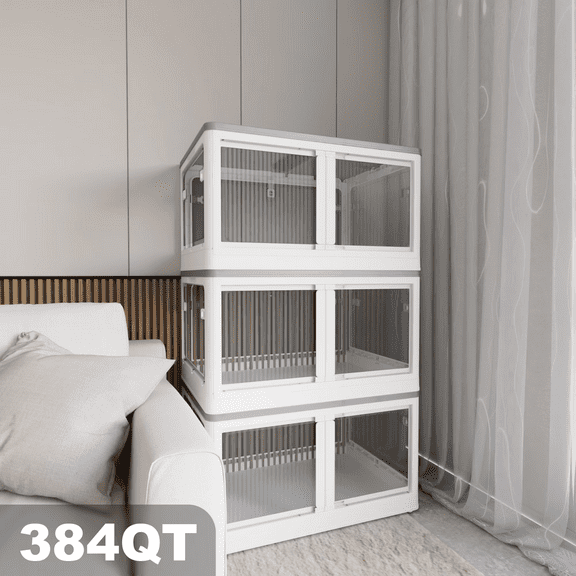 384QT 3-Pack Transparent Stackable Storage Bins with 5 Doors to Open with Wheels, Folding Plastic Craft Containers Large Closet Organizers Box for Bedrooms Living Rooms Study Kids' Toys, White