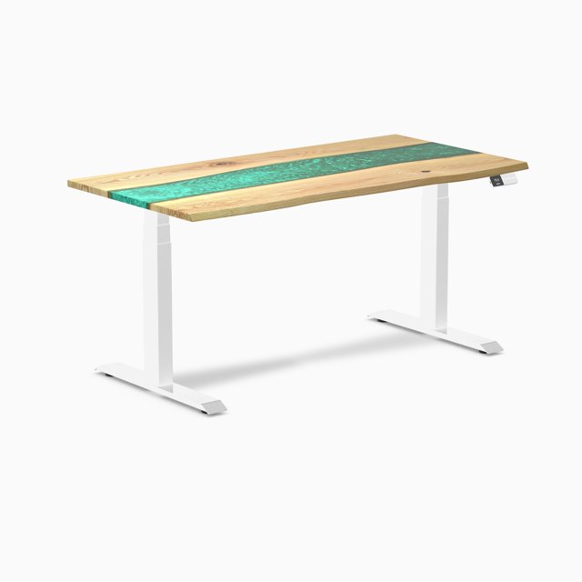 Desky Bureau Assis-Debout en Bois Dur à Double Résine - Frêne Blanc Rivière Émeraude / 60 x 30 Pouces / Blanc