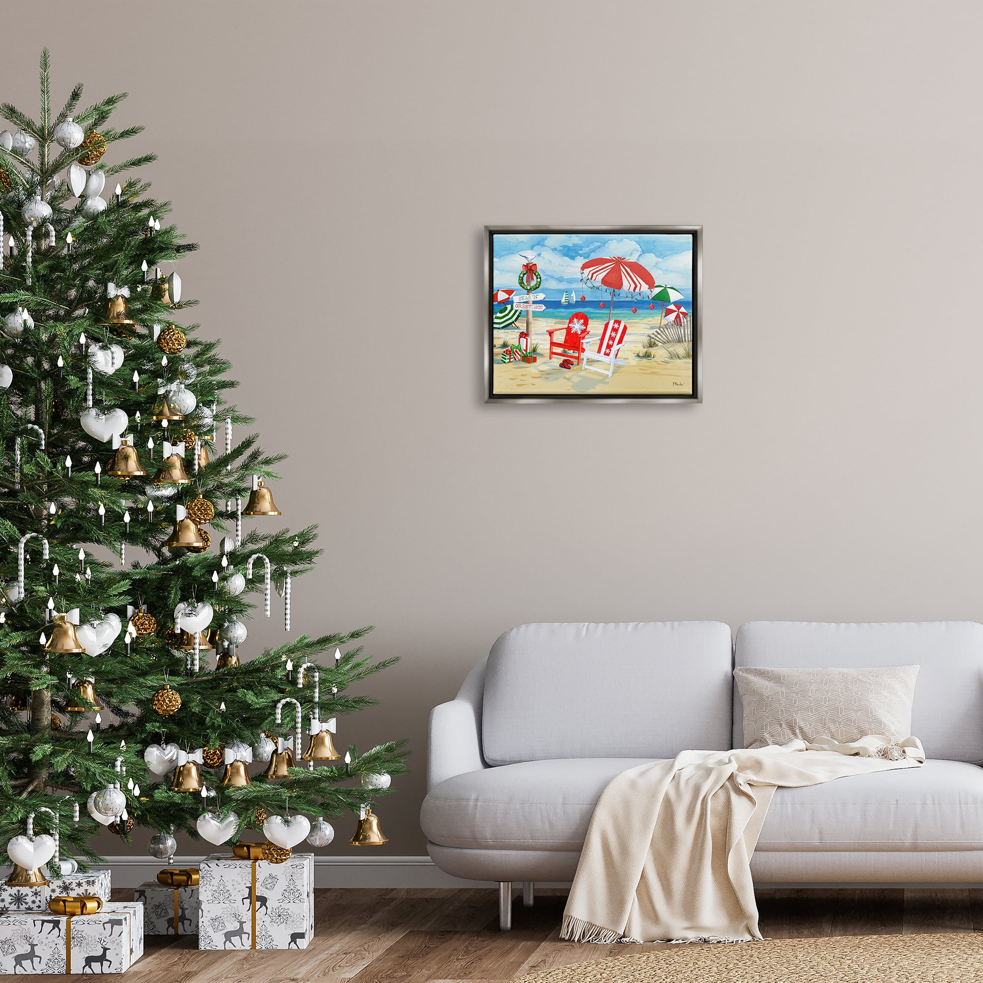 Stupell Industries Seas 'N' Greetings Scene Holiday Painting Gray Floater Framed Art Print Wall Art, 21 x 17