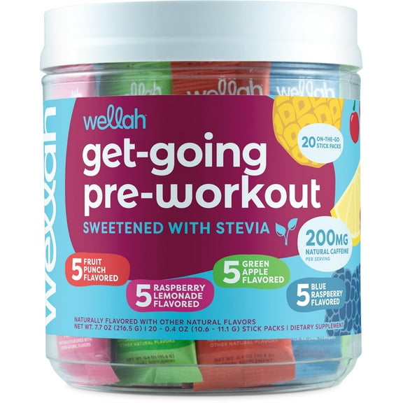Wellah Get-Going Pre-Workout Variety Pack (20 Stick Packs) - 200mg Natural Caffeine, Stevia-Sweetened, Fruit Punch, Raspberry Lemonade, Green Apple, Blue Raspberry