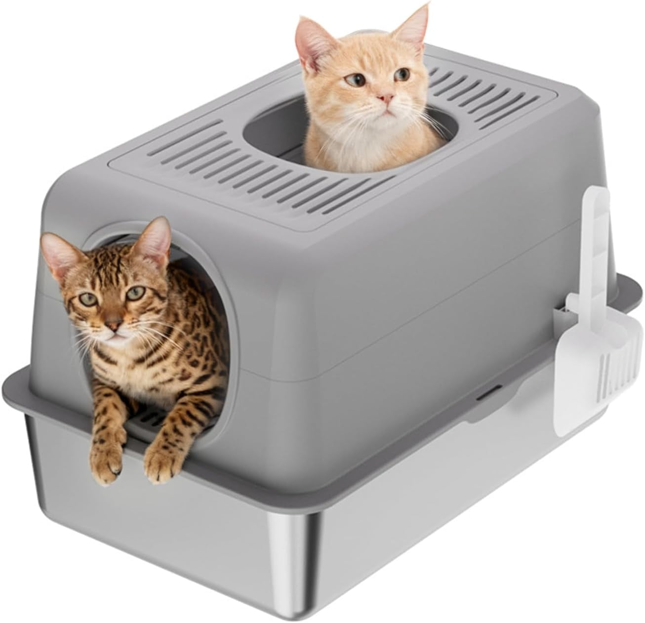 Acekid Stainless Steel Litter Box Top Entry Kitty Litter Box Big Cats Enclosed Metal Boxes High Sides Lid Covered