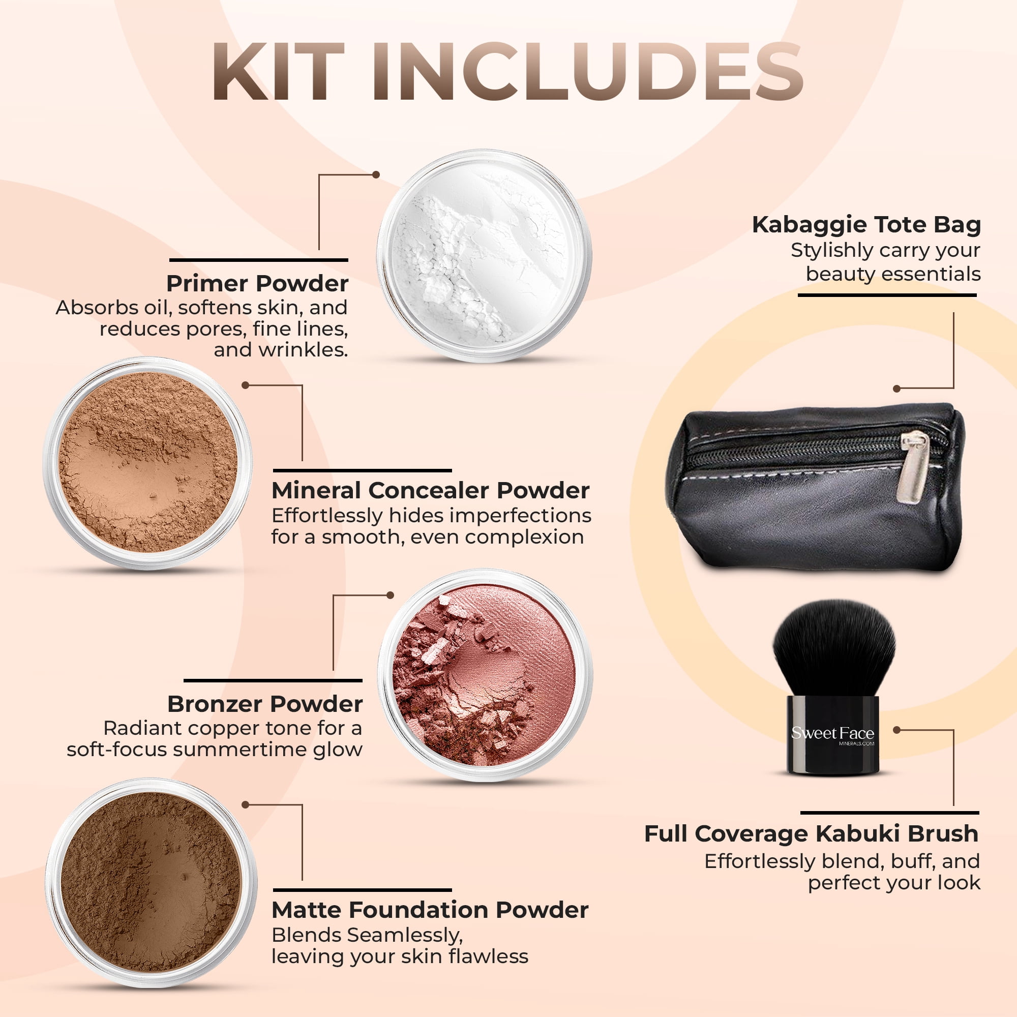 6pc FULL SIZE KIT KABUKI & KABAGGIE Tote Mineral Makeup Set Matte Foundation Bare Face Sheer Powder Cover (Ebony)