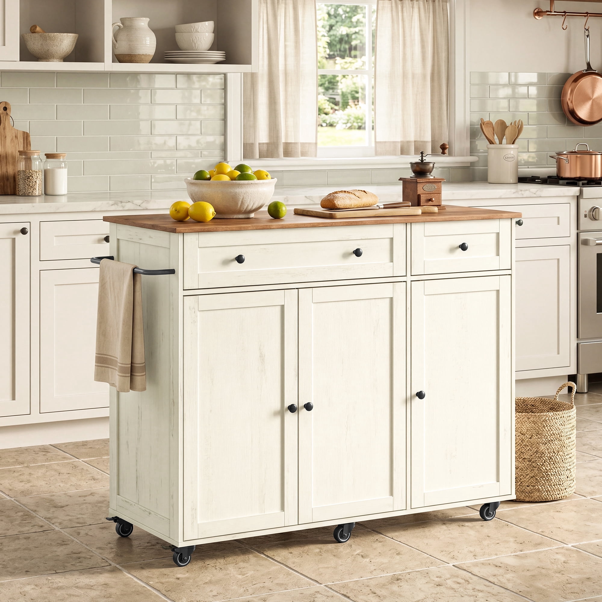 LEDREM Rolling Farmhouse Kitchen Island, Mobile Cart with Storage Cabinet, Drawer & Adjustable Shelf, 42.1" Worktop, Cloud White & Warm Earth Brown