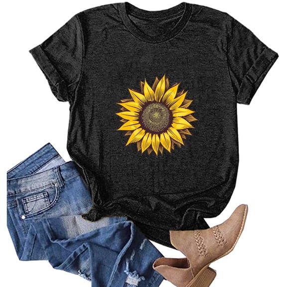 Aoochasliy Womens Blouses Short Sleeve Plus Size Sunflower Prints Round Neck Dressy T-shirt Shirts