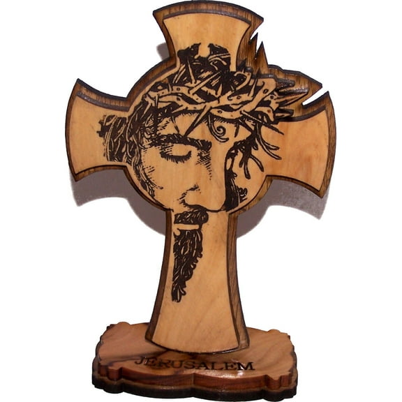 Holy Land Market Agony of Our Lord onthe Cross Layered Olive Wood Cross Carved by Laser - Standing (12 cm or 5 inches) Small/Certificate