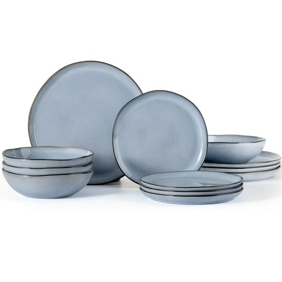 Vesteel Dinnerware Set for 4, 12 Pieces Premium Stoneware Plates and Bowls Set, Handmade Reactive Glaze Dishes for Home, Chip & Scratch Resistant, Microwave and Dishwasher Safe - Foggy Blue