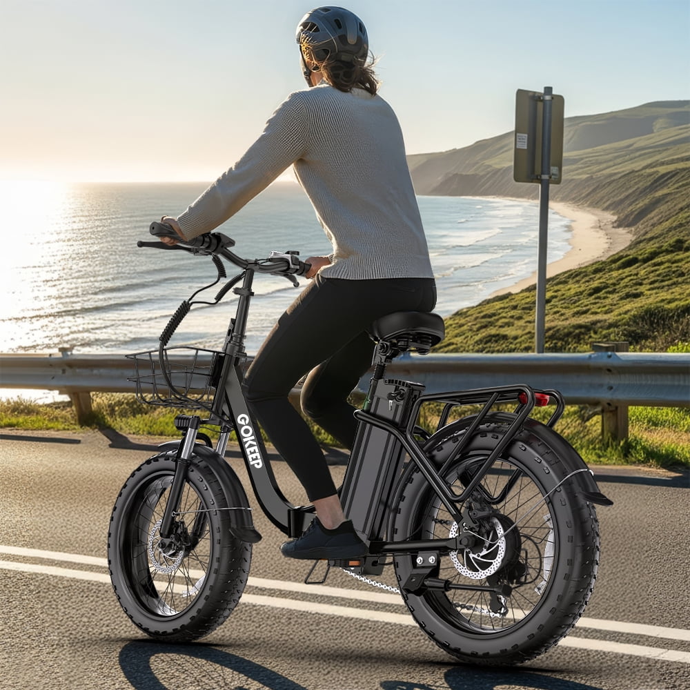 GOKEEP Folding Electric Bike for Adult, 52V 13Ah Removable Battery, 20" Fat Tire & Front Suspension Electric Bicycles, 7-Speed Commuter Ebike, UL2849, Black