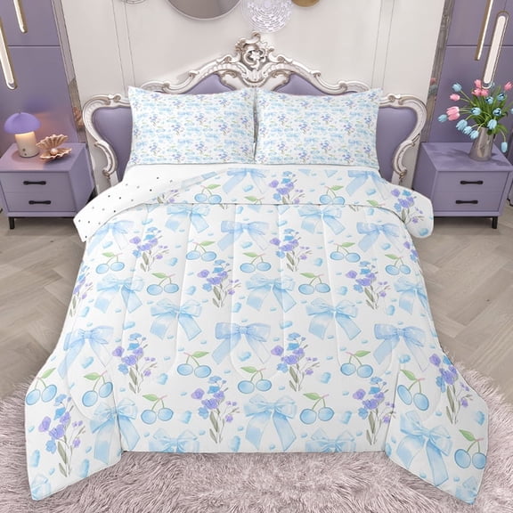 Homewish Girly Pink Ribbon Queen Comforter Set for Kids, Romantic Rose Floral Bedding Sets, Kawaii Cute Cartoon Theme Reversible Bedding Comforter Set, Super Cozy Room Decor, 3-Piece