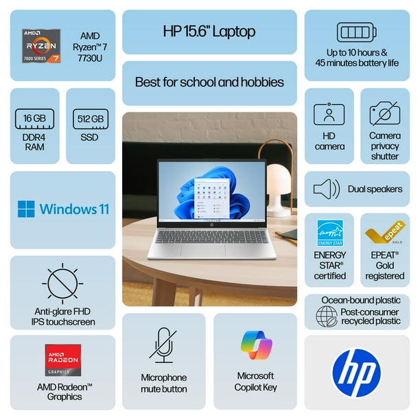 HP 15.6 inch FHD IPS Touch Windows Laptop AMD Ryzen 7 7730U 16GB