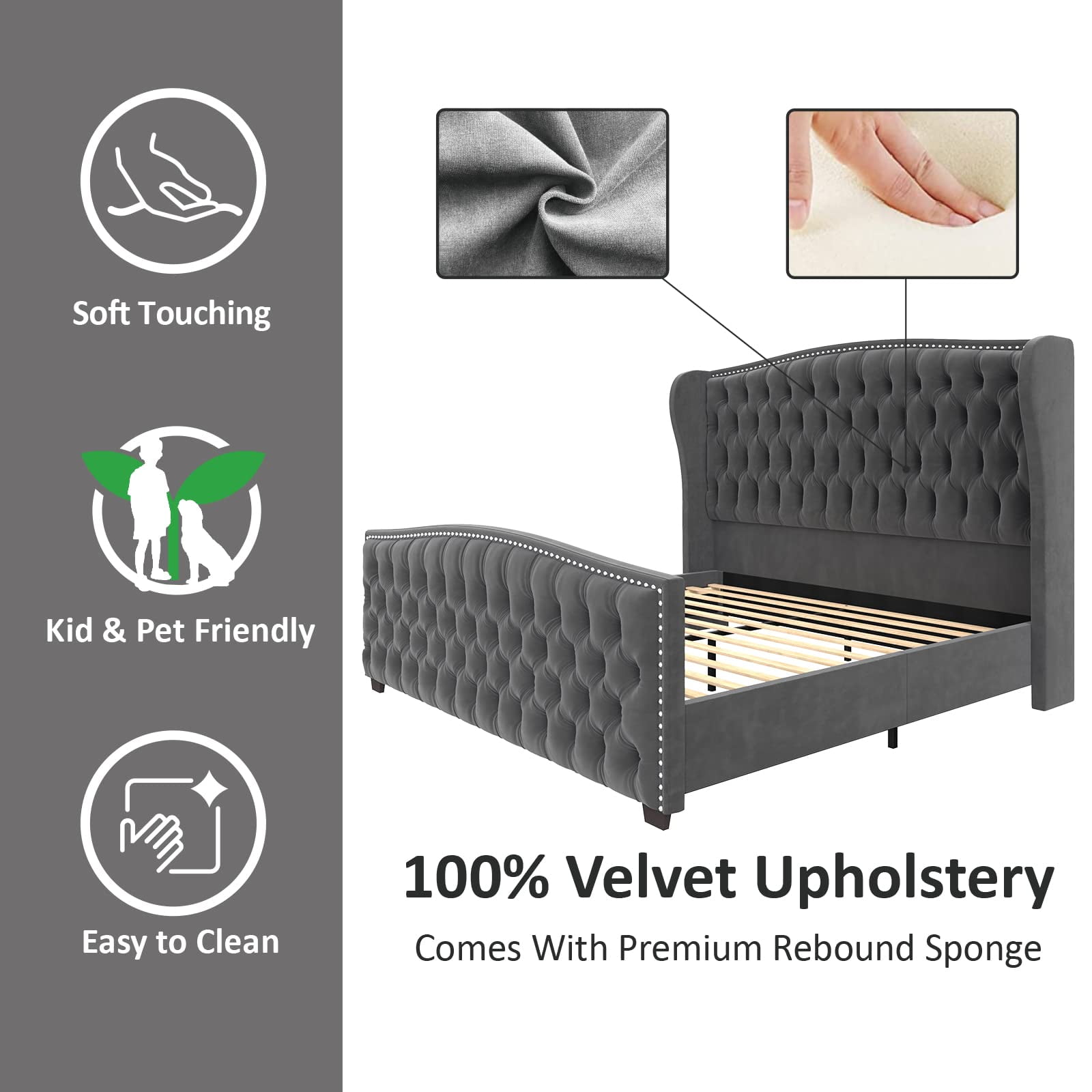 VanAcc California King Size Platform Bed Frame, Velvet Upholstered Bed with Deep Button Tufted & Nailhead Trim Wingback Headboard, Grey