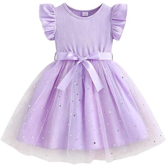 IPIO Girls Starry Princess Dress, Shimmer Moon Tulle Skirt with Flutter Sleeves and Bow for Birthday Party