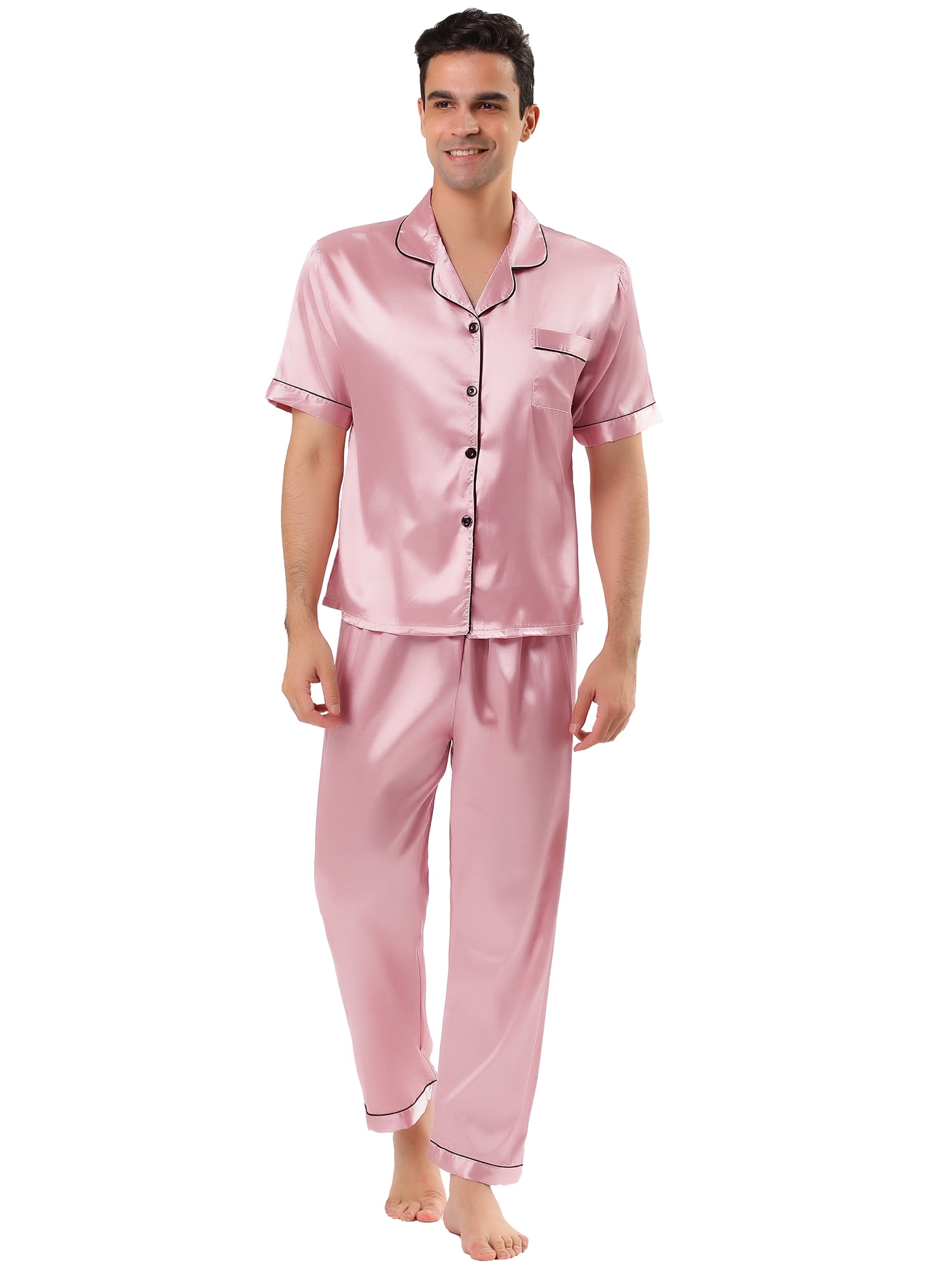 Unique Bargains Men's Button Down Satin Pajama Sets Short Sleeves Nightwear X-Large Pink