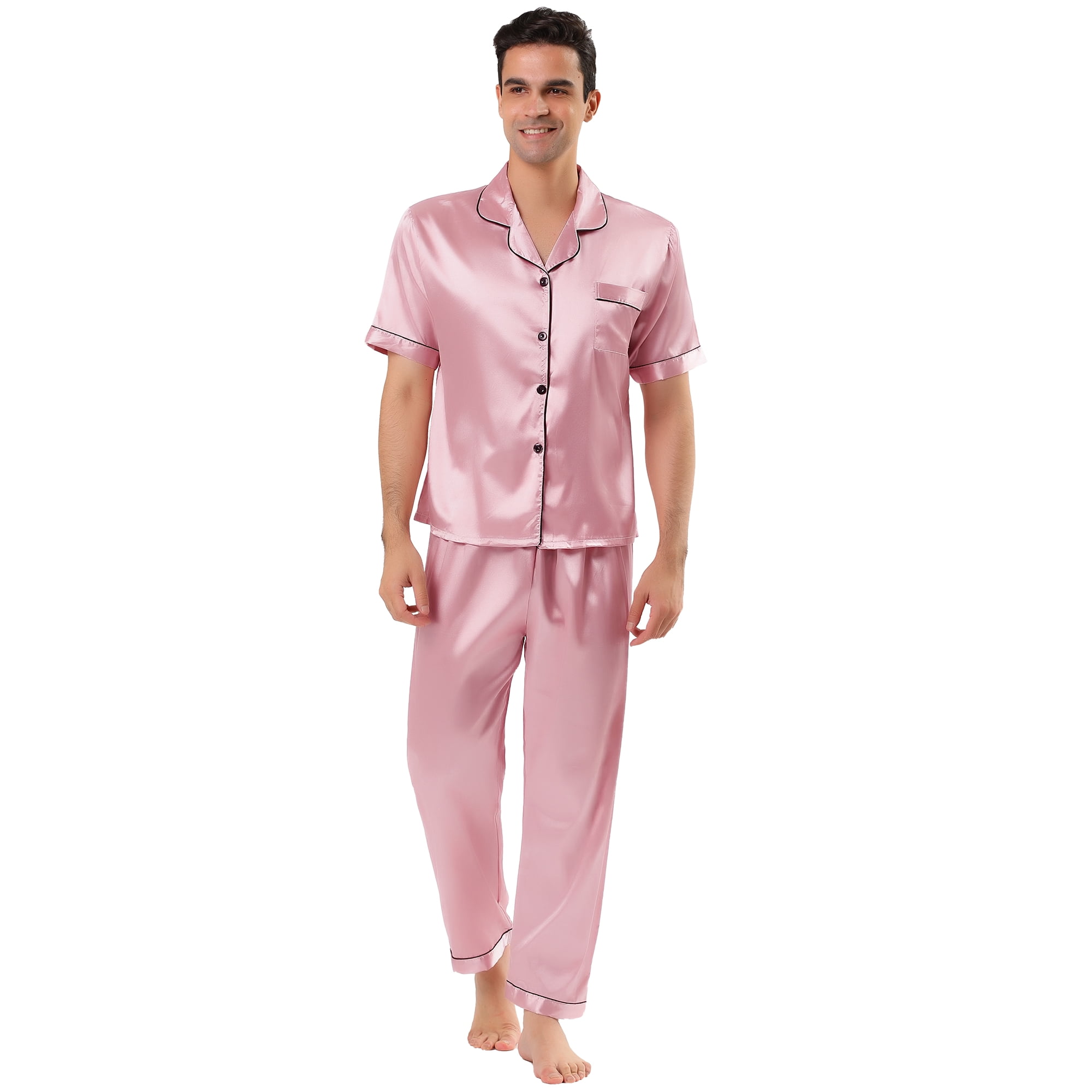 Unique Bargains Men s Pajamas Classic Satin Short Sleeves Button Down Pajama Sets Gray S Grey