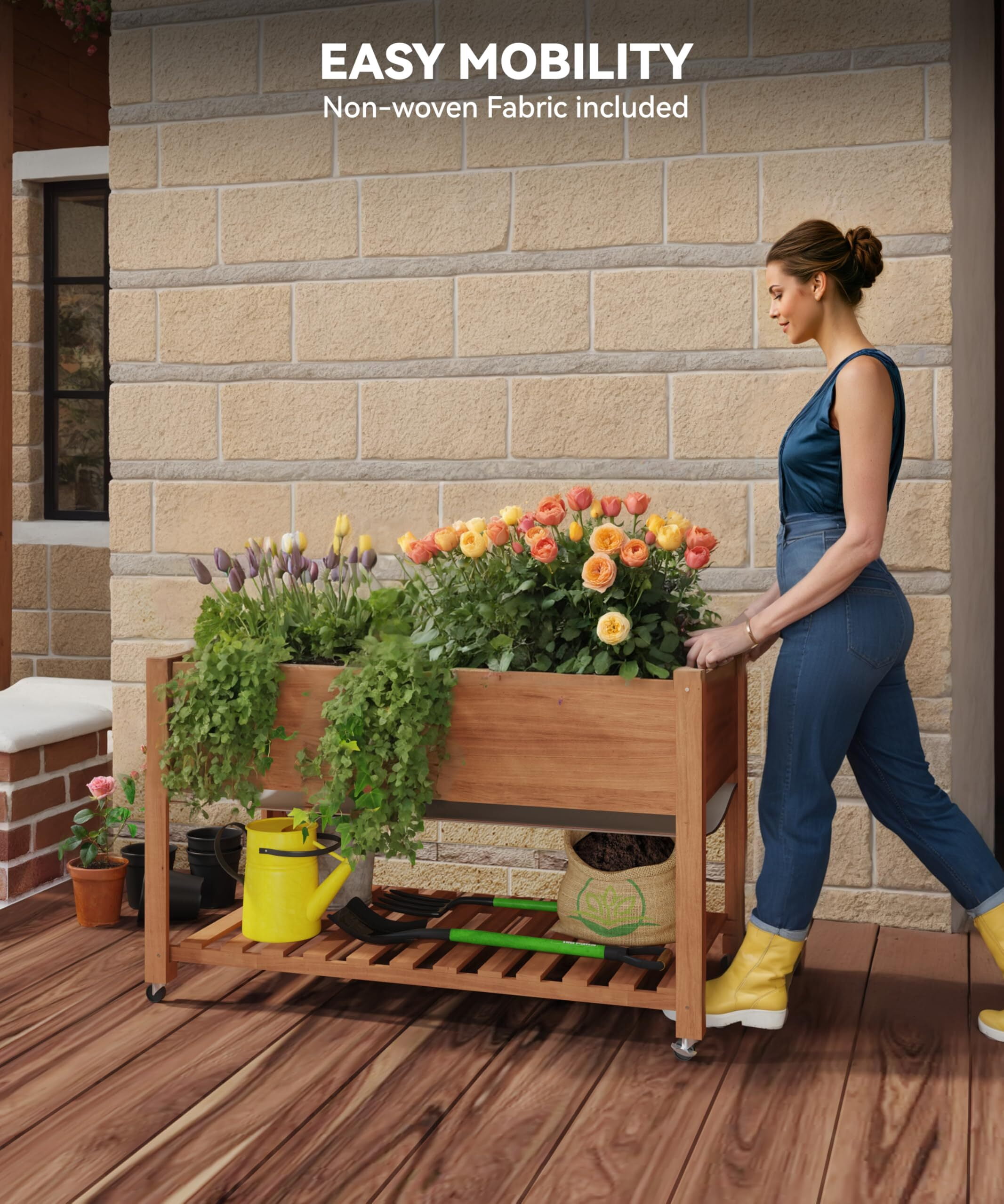 RIEDHOFF Raised Garden Bed Elevated with Wheels 48x24x30in Cedar Wood Acorn Brown